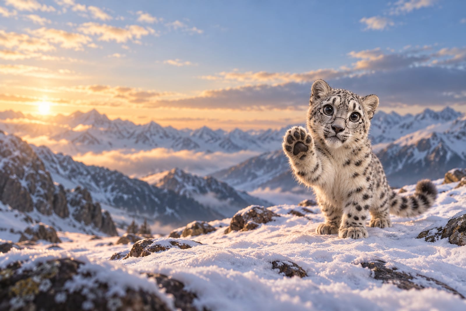 A photo-like pale grey snow leopard with black rosettes, oversized dark eyes and a dark nose faces the viewer against a blurred blue-grey background. Small round glasses have thin dark frames. One front paw reaches forward, showing black pads.