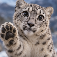Paws for Thought logo featuring a pale grey snow leopard with black rosettes, small round reading glasses and a raised paw.